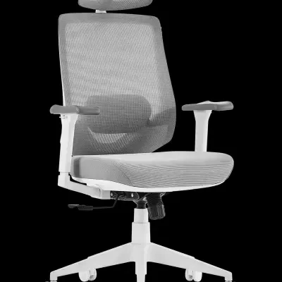 Cadeira de escritório cinzenta com estrutura branca e rodas