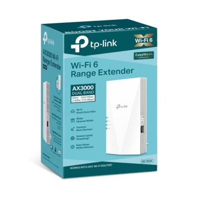 Caixa azul e branca do extensor de alcance Wi-Fi 6 TP-Link AX3000 RE780X