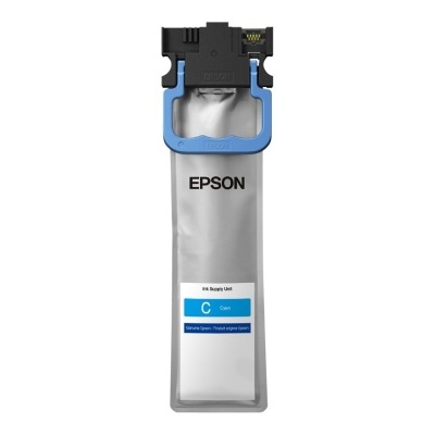 Cartucho de tinta Epson ciano prateado com detalhes em azul e preto