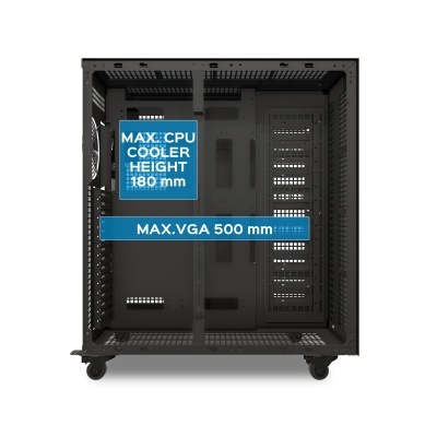 Caixa de computador preta aberta com etiquetas azuis e rodízios na base