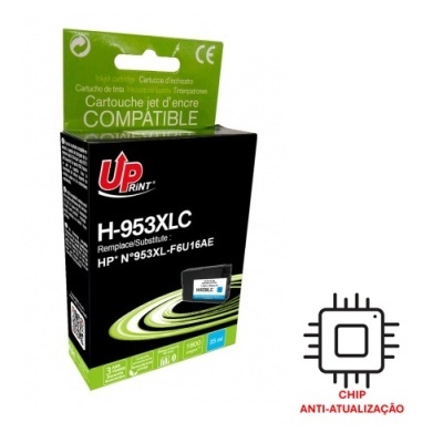 Embalagem cartucho tinta UPrint H-953XLC preto e verde com texto e ícone de chip