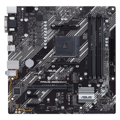 Placa-mãe ASUS PRIME B550M-K preta com detalhes brancos e soquete AM4