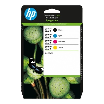 Embalagem de tinta HP 937 com 4 cores e imagem de frutos verdes