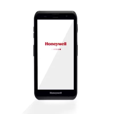 Smartphone preto Honeywell com ecrã branco e texto vermelho