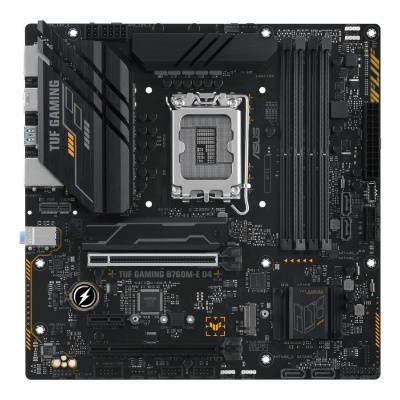 Placa-mãe preta ASUS TUF GAMING B760M-E D4 com componentes e conectores