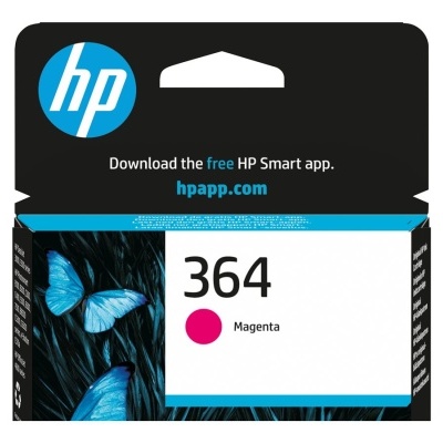 Caixa de tinta HP 364 Magenta com borboletas azuis sobre fundo preto e azul.