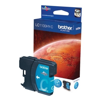 Cartucho de tinta Brother LC1100HY-C ciano e embalagem azul com imagem de planeta avermelhado