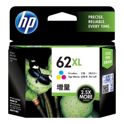 Caixa de tinteiro HP 62XL tri-cor com borboleta azul