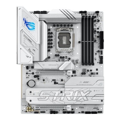 Placa mãe ASUS ROG STRIX Z690-A GAMING WIFI D4 branca e cinza com slots RAM e socket processador