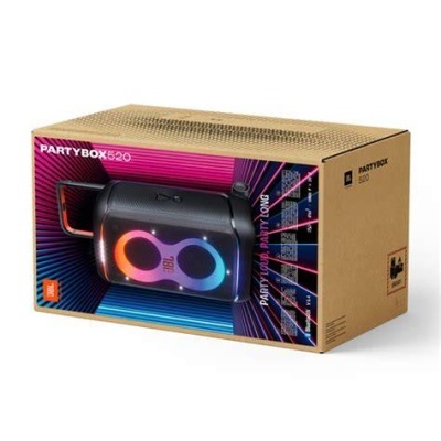 Coluna de som preta JBL PartyBox 520 com iluminação colorida em embalagem