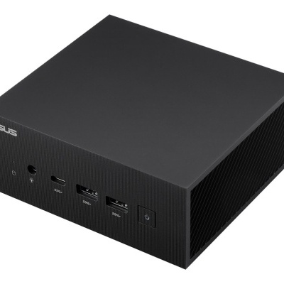 Mini PC ASUS preto com portas frontais e textura riscada nas laterais