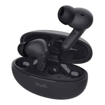 Auriculares sem fios pretos Trust com estojo de carregamento aberto