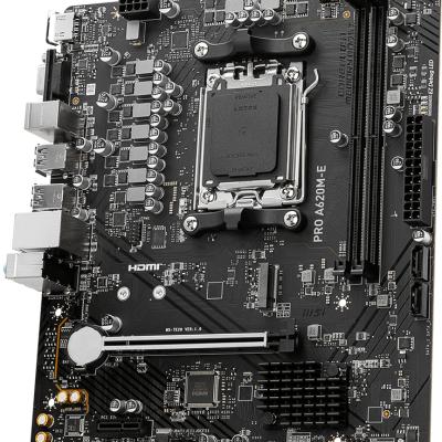 Placa-mãe preta com slots para RAM, soquete de processador e portas USB