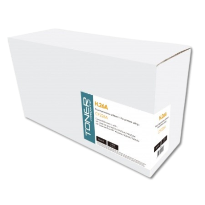 Caixa branca de toner com etiqueta com texto e códigos na lateral