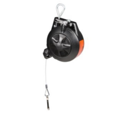 Dispositivo enrolador de cabo preto com cordão branco e gancho metálico