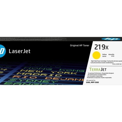 Cartucho toner HP LaserJet 219X amarelo em caixa preta e branca