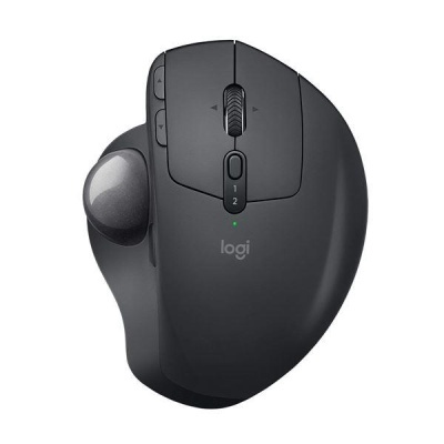Rato ergonómico sem fios preto com trackball cinzenta e botões adicionais