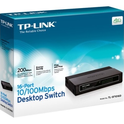 Caixa azul e branca com switch de secretária TP-LINK de 16 portas.