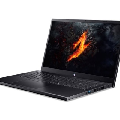 Computador portátil preto com ecrã aberto e teclado