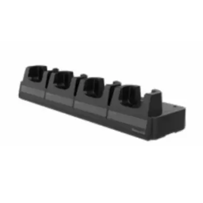 Suporte preto de plástico com cinco encaixes para dispositivos.