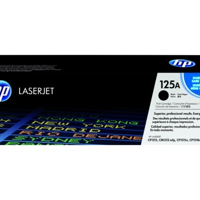 Cartucho de toner HP LaserJet 125A preto em embalagem preta com texto e selo azul
