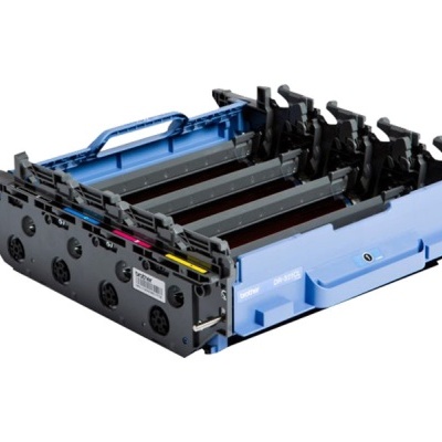 Mecanismo de impressora com rolos coloridos em estrutura plástica azul e preta