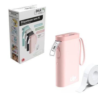Etiquetadora portátil rosa com fita branca e embalagem