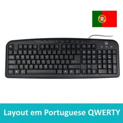 Teclado preto QWERTY em português com cabo e bandeira de Portugal