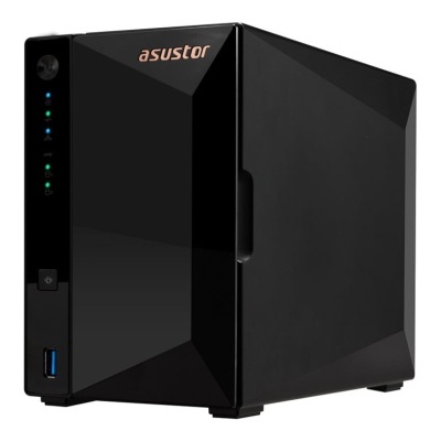 Dispositivo NAS preto asustor com LEDs e porta USB frontal