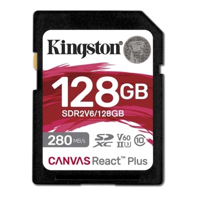 Cartão de memória SDXC Kingston 128GB preto com etiqueta vermelha e branca