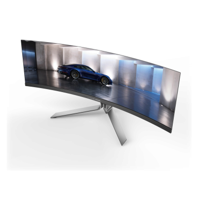 Monitor ultrawide curvo com imagem de carro desportivo azul