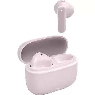 Auriculares sem fios rosa claro com estojo de carga aberto