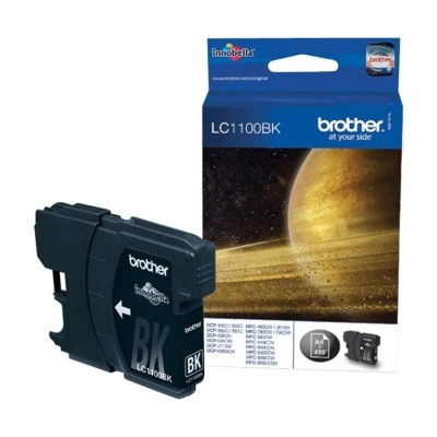 Tinteiro Brother LC1100BK preto com embalagem azul e imagem de planeta