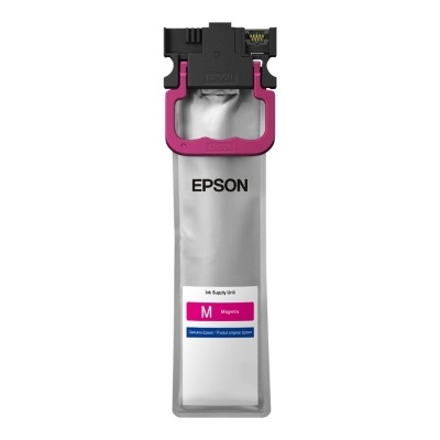 Cartucho de tinta Epson magenta com texto identificativo no corpo prateado