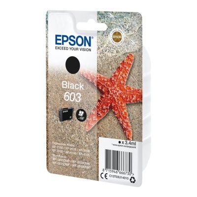 Cartucho tinta Epson preto 603 com estrela-do-mar vermelha na embalagem