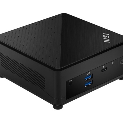 Mini PC preto compacto com portas USB e botão de ligar