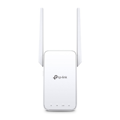 Repetidor wireless TP-Link branco com duas antenas e luzes LED