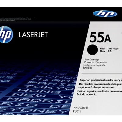 Cartucho HP LaserJet 55A CE255A preto em embalagem preta, azul e branca