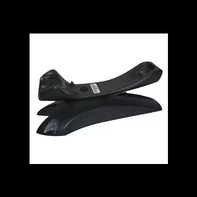 Suporte de plástico preto curvado com etiqueta branca e código de barras