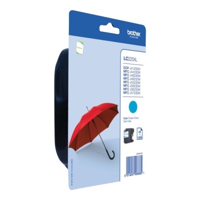Embalagem de tinteiro azul Brother LC225L com guarda-chuva vermelho