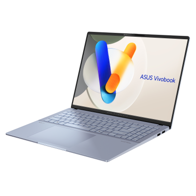 Computador portátil ASUS Vivobook prateado aberto com ecrã ligado