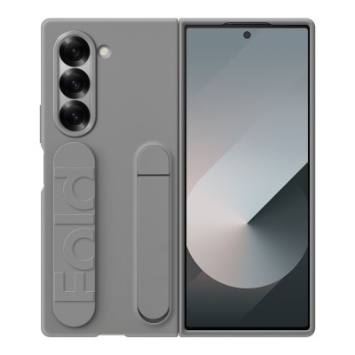 Smartphone cinzento com capa protetora com texto e suportes embutidos