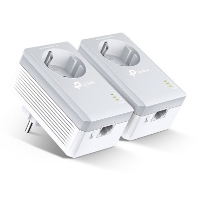 Dois adaptadores de tomada elétrica brancos TP-Link com conectores Ethernet e luzes indicadoras verdes