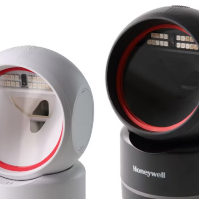 Dois leitores circulares de código de barras Honeywell, branco e preto, com interior vermelho.