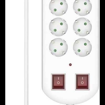 Extensão elétrica branca com dez tomadas e duas chaves liga/desliga vermelhas