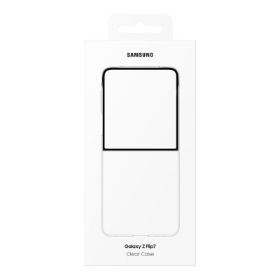 Telemóvel Samsung Galaxy Z Flip7 preto em embalagem branca transparente