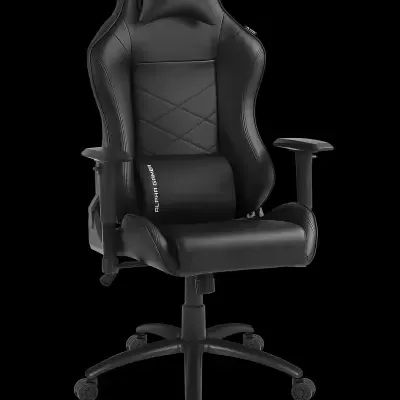 Cadeira gaming preta com base e rodas, encosto alto e almofada com texto