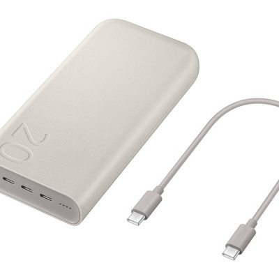 Bateria portátil branca com portas USB e cabo USB tipo C.