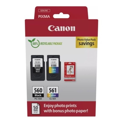 Embalagem Canon de cartuchos de tinta 560 preta e 561 cores com papel fotográfico