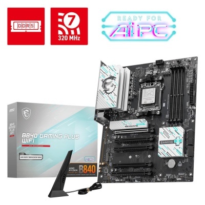 Placa-mãe MSI B840 Gaming Plus WiFi com caixa e antena, com texto em vermelho e azul.